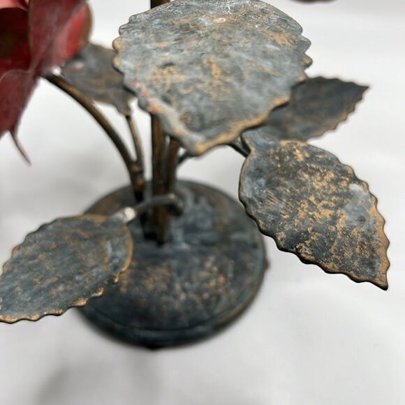 Metal Candle Holder Aged Welded Rustic Patina Pink Metallic Gold Roses w/ Leaves - Picture 8 of 17
